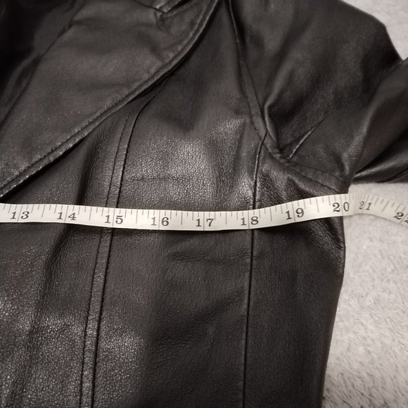 VTG C&A Jacket Women 14 Black Nappa Leather Trench Coat Long Leg Slit Steampunk - Picture 6 of 16